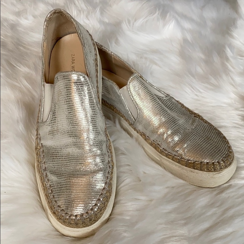 Zara Silver Metallic Espadrille Slip Ons (39)